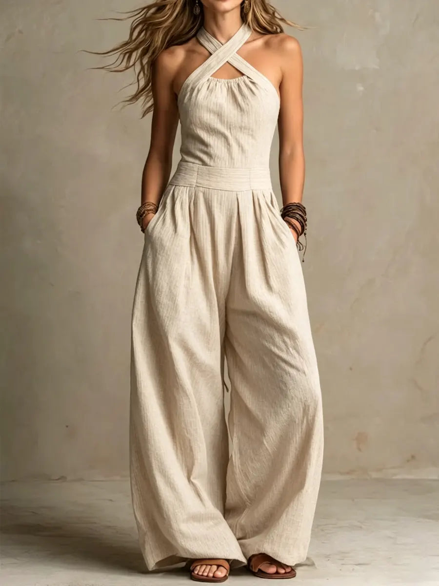 Women's Crisscross Halter Wide-Leg Jumpsuit