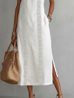 Women's Sleeveless Midi Dress with Lace Panels and High Neck Design