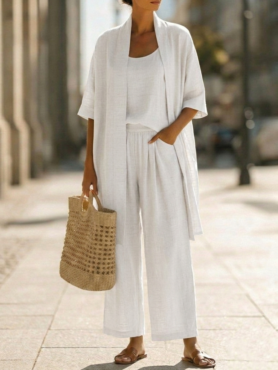 Ensemble détente pour femme composé d'un cardigan ouvert en trois pièces et d'un pantalon large