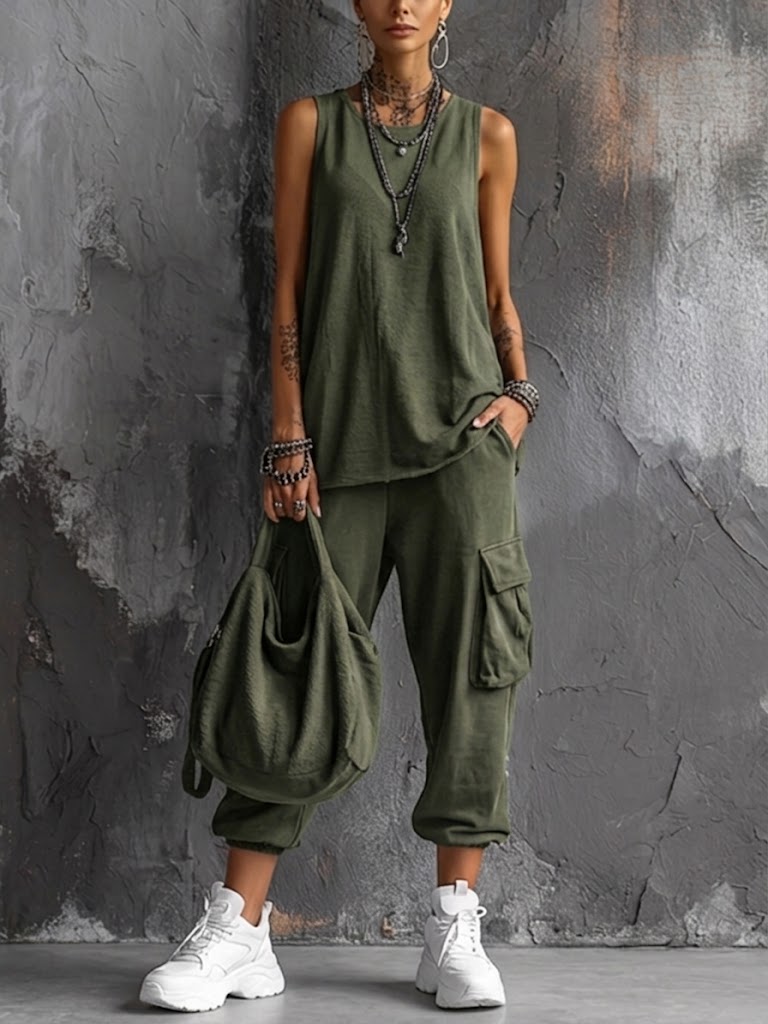 Women's Sleeveless Tank Top and Cargo Jogger Pants Set