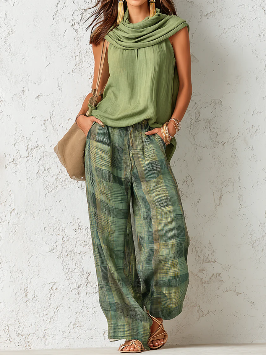 Women's Sleeveless Draped Neck Top and Plaid Wide Leg Trousers Set