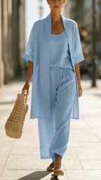 Women's Three Piece Open Front Cardigan Lounge Set with Wide Leg Trousers