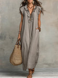 Women's Casual Ruffle Trim V Neck Maxi Dress with Practical Side Pockets