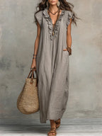 Women's Casual Ruffle Trim V Neck Maxi Dress with Practical Side Pockets