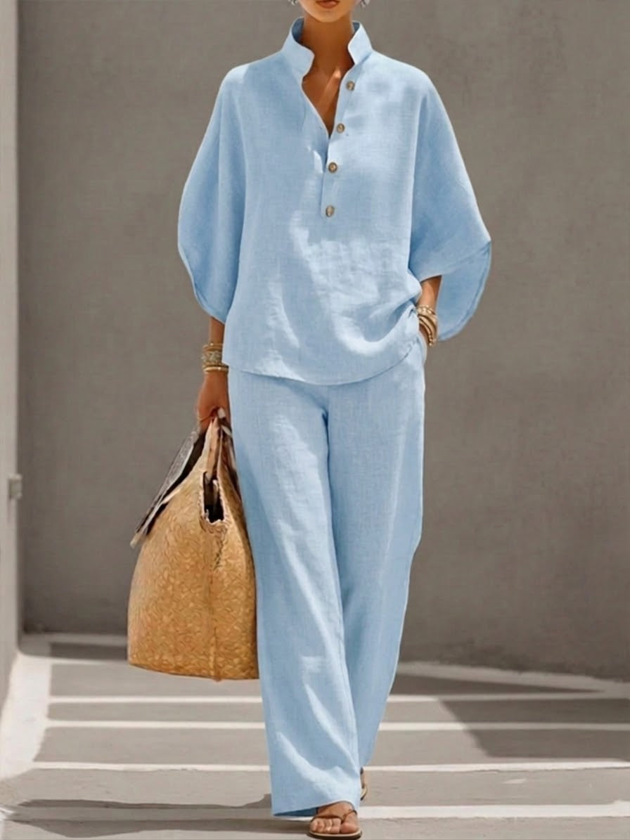 Women's Cotton Linen Two-Piece Set with Batwing Top and Wide-Leg Trousers