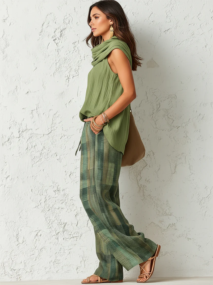 Women's Sleeveless Draped Neck Top and Plaid Wide Leg Trousers Set