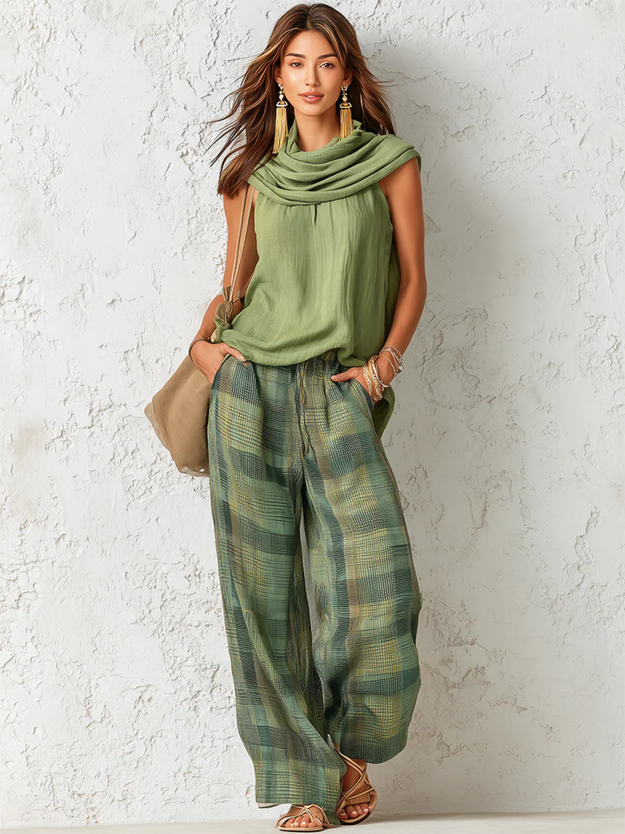 Women's Sleeveless Draped Neck Top and Plaid Wide Leg Trousers Set