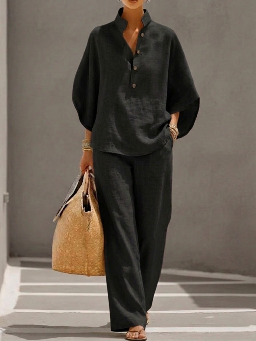 Women's Cotton Linen Two-Piece Set with Batwing Top and Wide-Leg Trousers