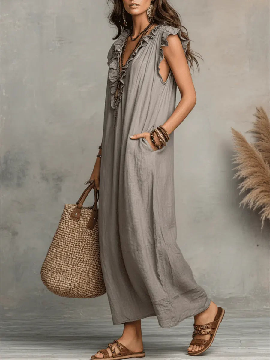Women's Casual Ruffle Trim V Neck Maxi Dress with Practical Side Pockets