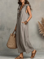 Women's Casual Ruffle Trim V Neck Maxi Dress with Practical Side Pockets