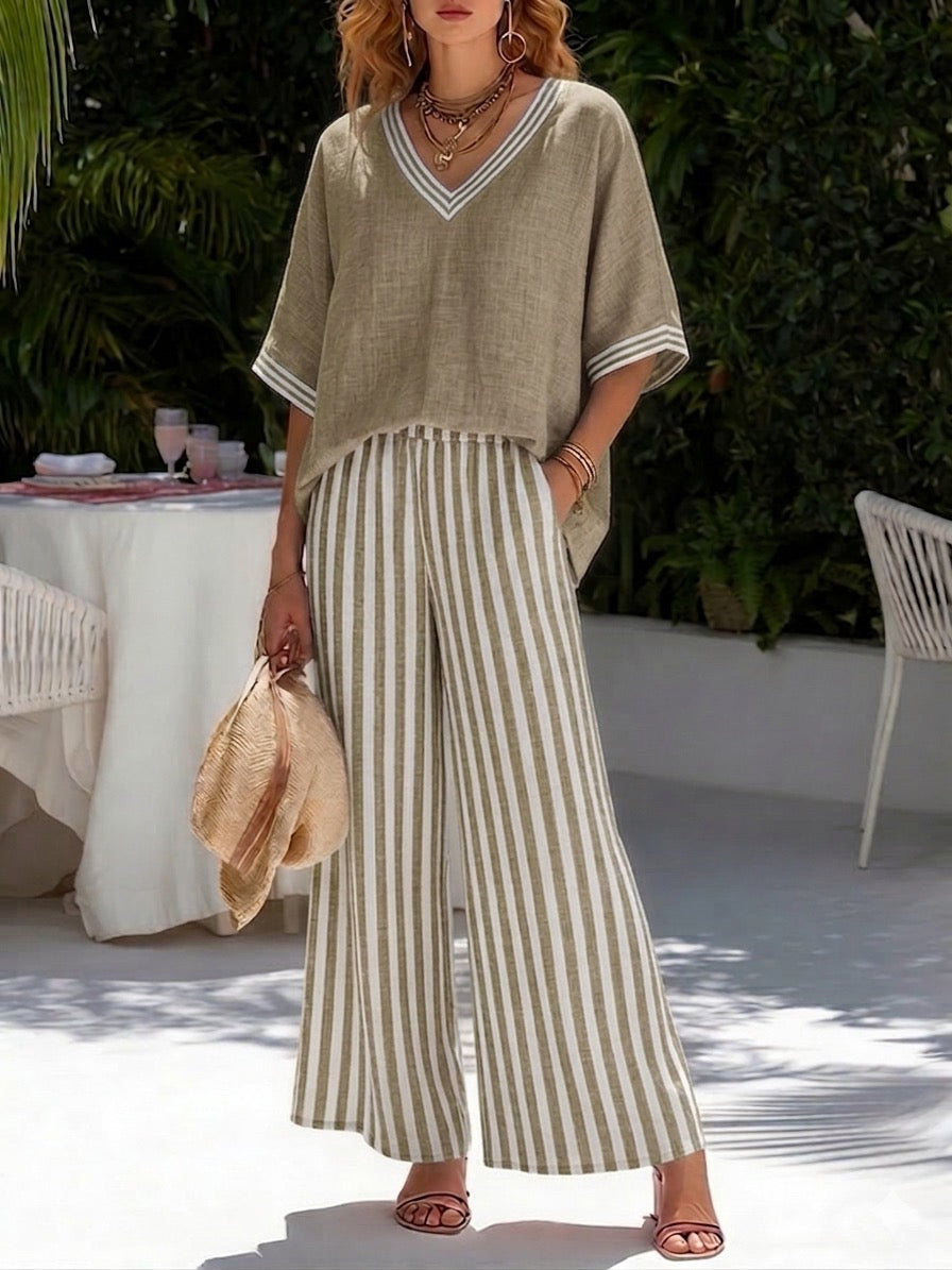 Ensemble pour femme composé d'un haut oversize à col en V et d'un pantalon large rayé