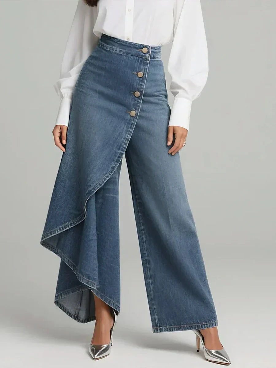 Asymmetriske jeans med overlag og brede ben til kvinder