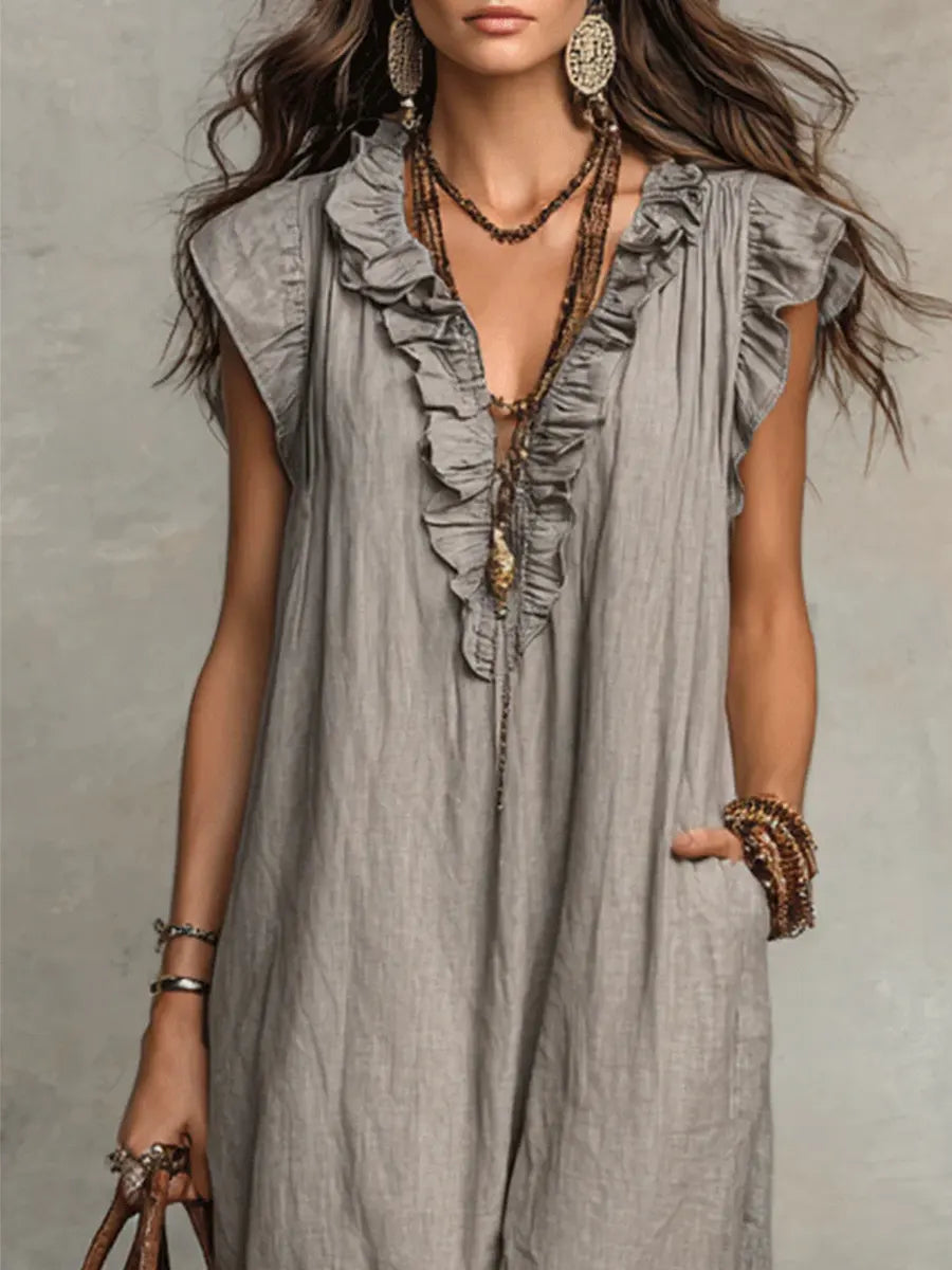 Women's Casual Ruffle Trim V Neck Maxi Dress with Practical Side Pockets