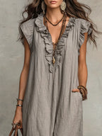 Women's Casual Ruffle Trim V Neck Maxi Dress with Practical Side Pockets