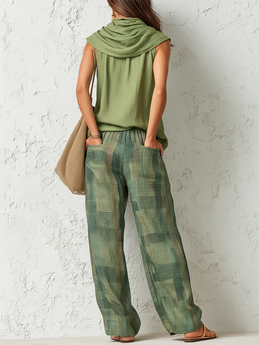 Women's Sleeveless Draped Neck Top and Plaid Wide Leg Trousers Set