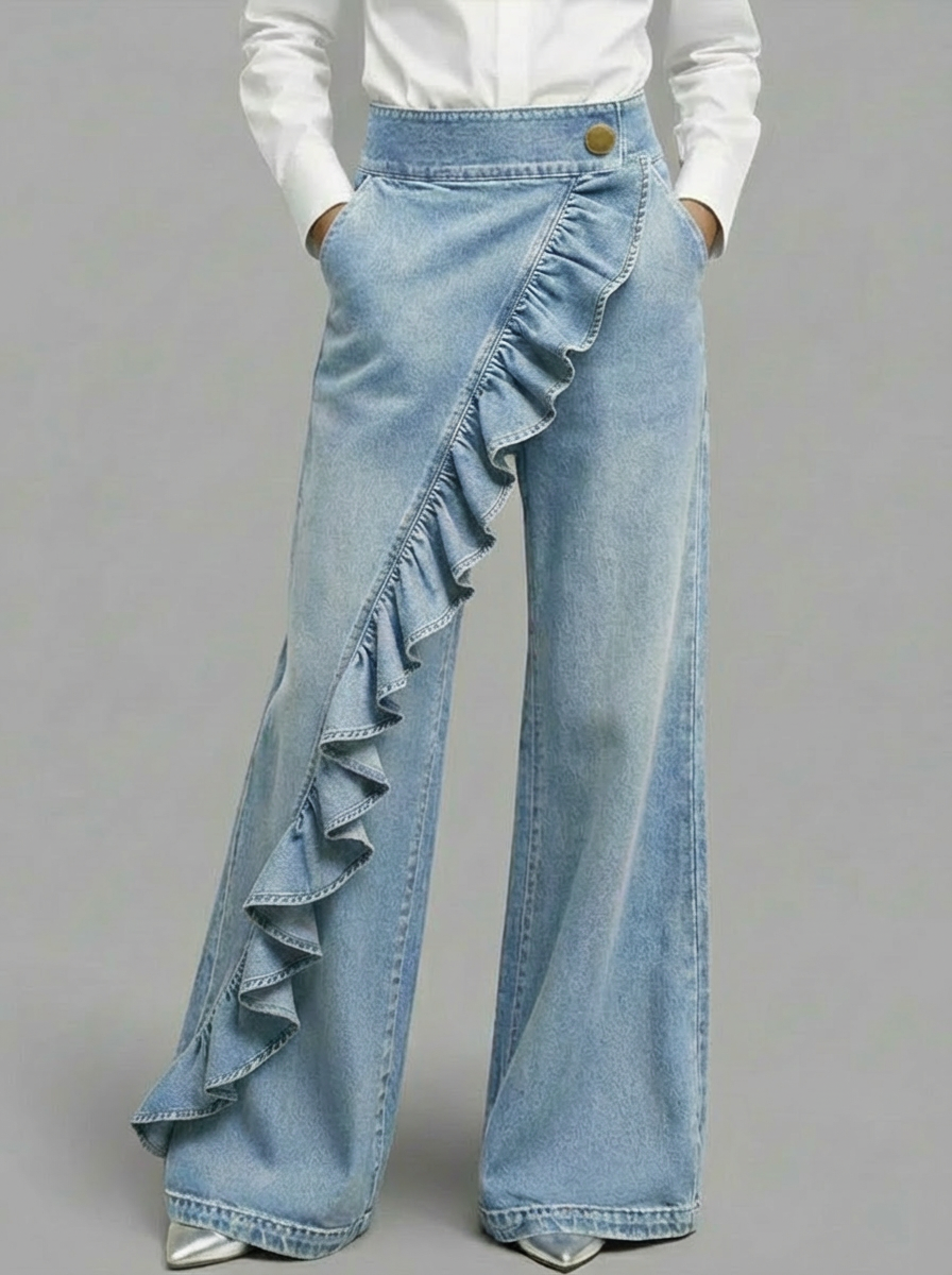Women's Ruffle Detail Wide-Leg Jeans