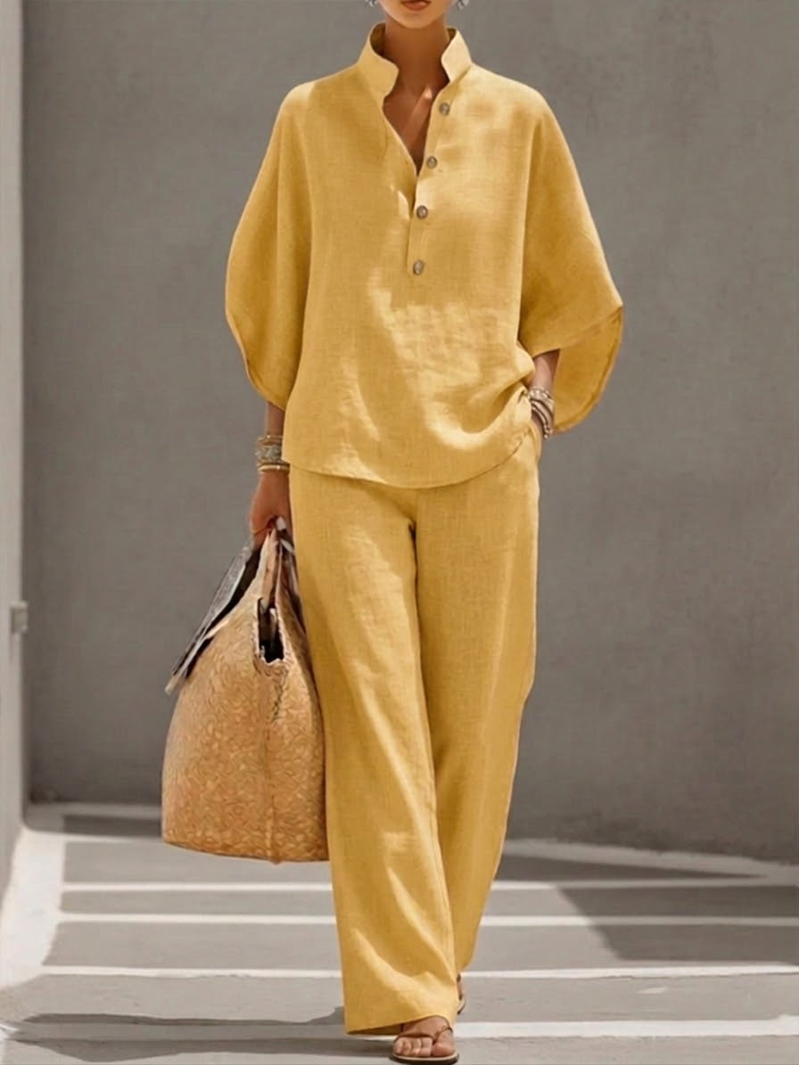 Women's Cotton Linen Two-Piece Set with Batwing Top and Wide-Leg Trousers