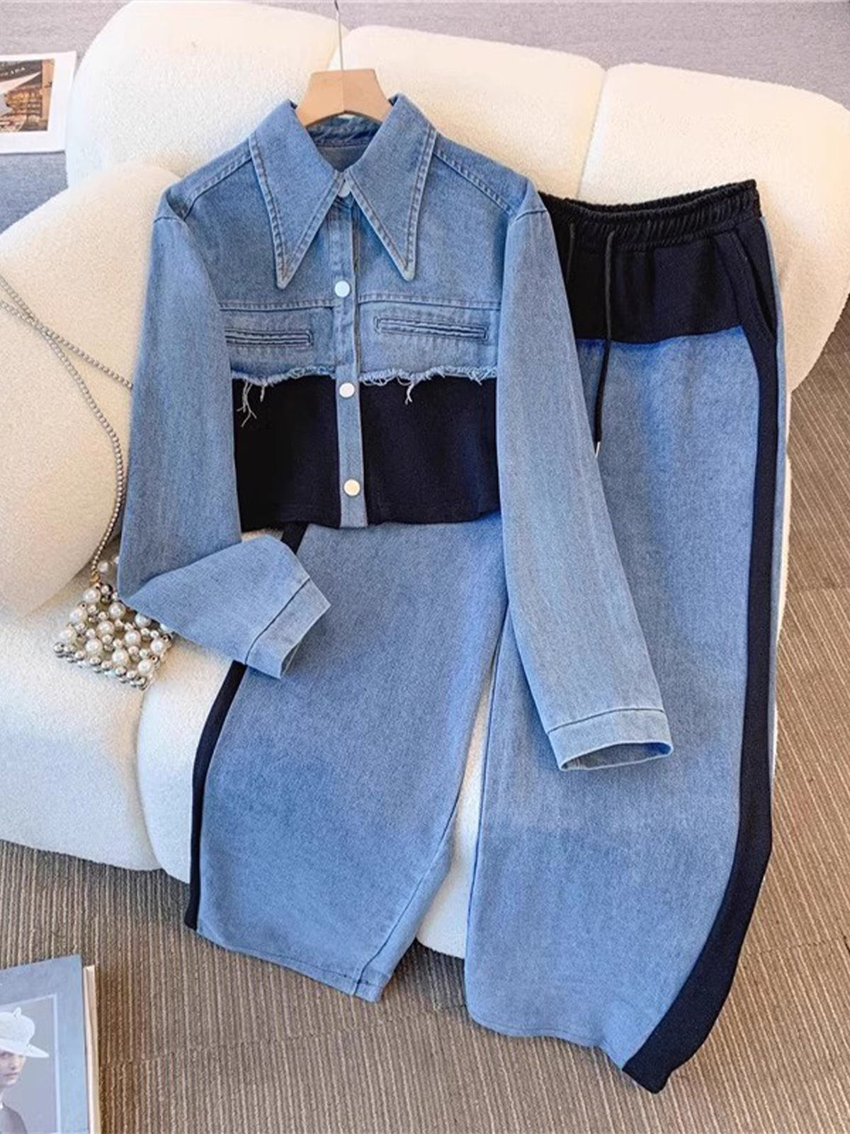 Women’s Denim Contrast Two-Piece Set