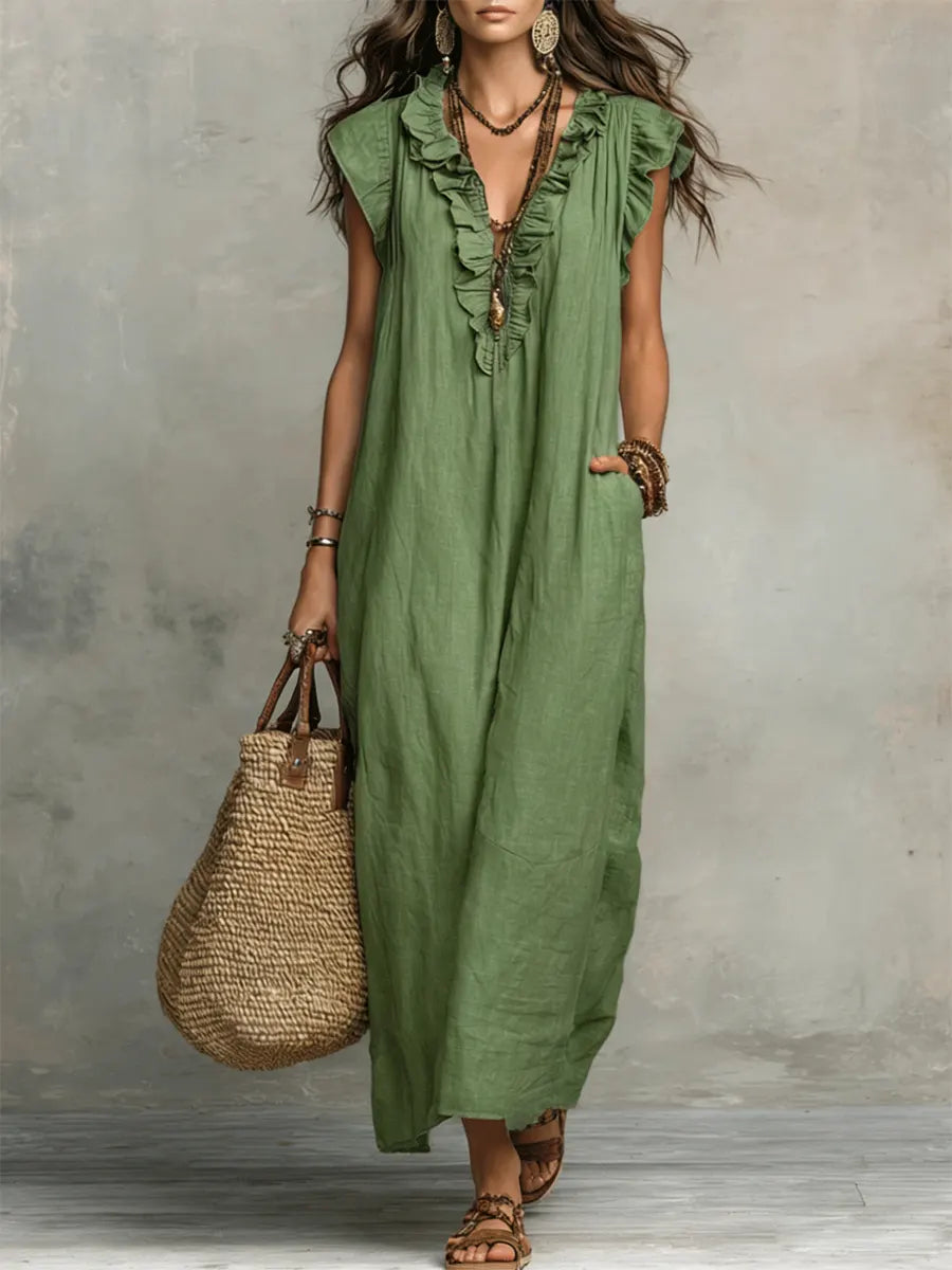 Robe maxi décontractée pour femme à col en V avec bordure à volants et poches latérales pratiques  