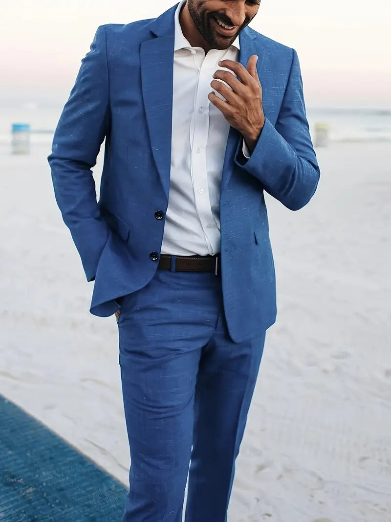 Men's Linen Blend Suit with Tailored Blazer and Matching Trousers