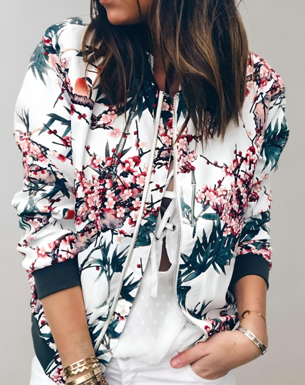 Women's Floral Print Zip-Up Bomber Jacket