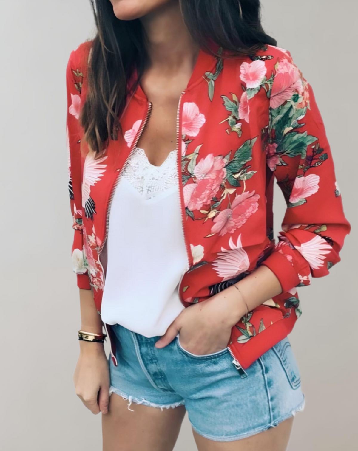 Women's Floral Print Zip-Up Bomber Jacket