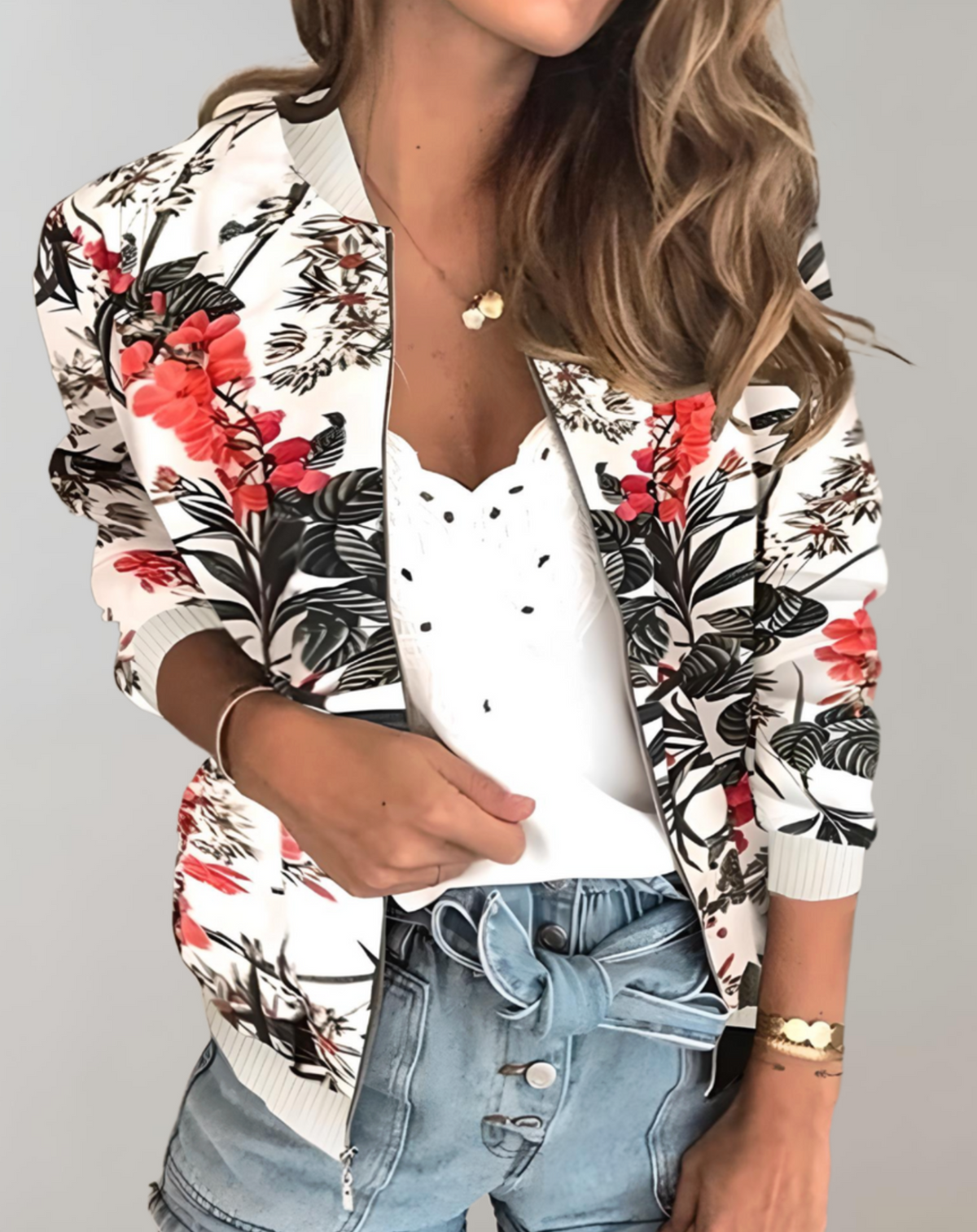 Women's Floral Print Zip-Up Bomber Jacket