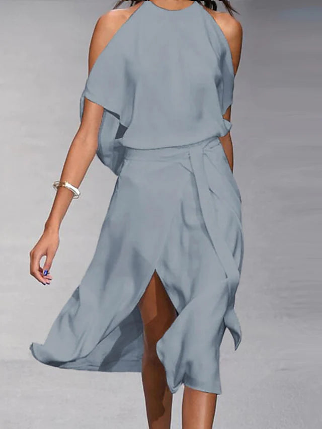 Women's Halter Neck Dress with Asymmetric Hem and Flowing Fit for Elegant Occasions
