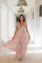 Maxikleid für Damen mit Blumenmuster, Rüschenärmeln, Cut-Out-Details, tiefem V-Ausschnitt und fließender Silhouette