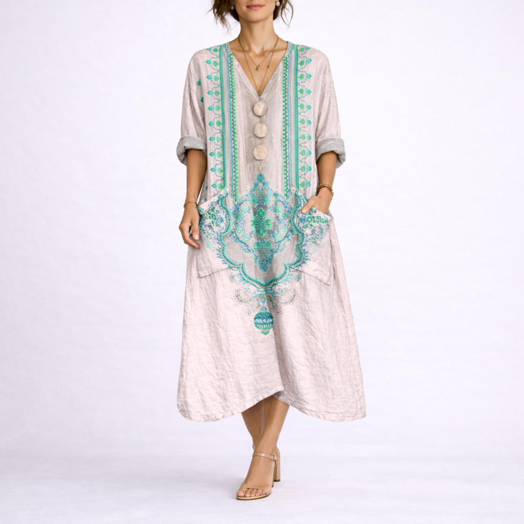 Maxikleid für Damen im Boho-Stil mit Paisley-Muster, V-Ausschnitt, dekorativen Knöpfen und Seitentaschen