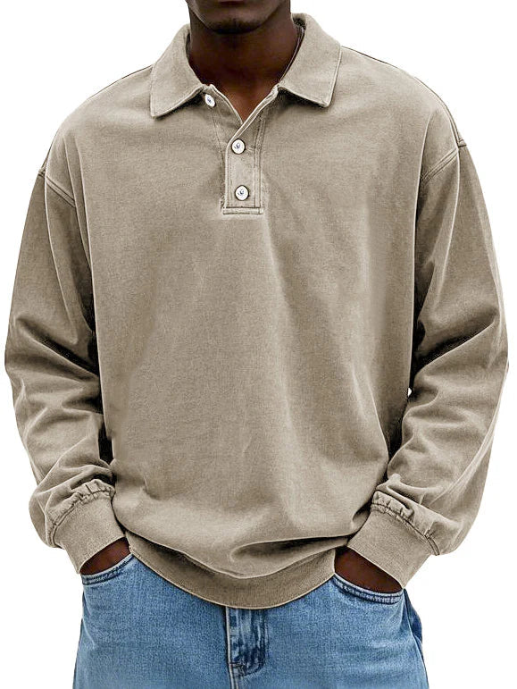 Men's Washed Long Sleeve Polo Shirt