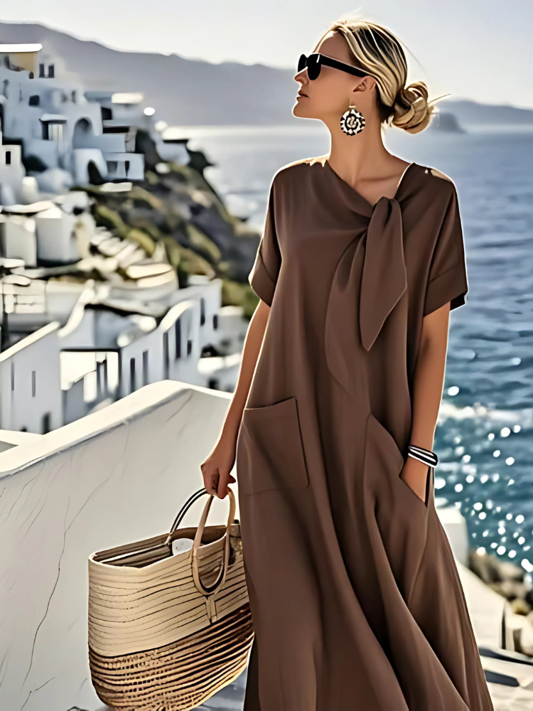 Women's Relaxed Tie Neck Maxi Dress with Patch Pockets