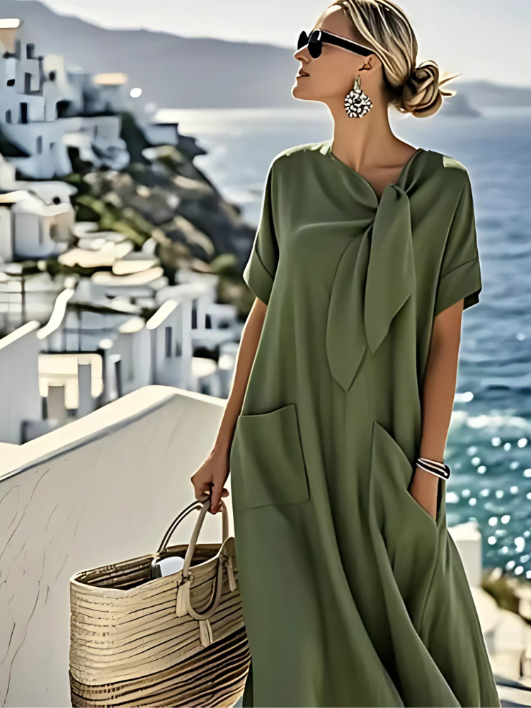 Women's Relaxed Tie Neck Maxi Dress with Patch Pockets