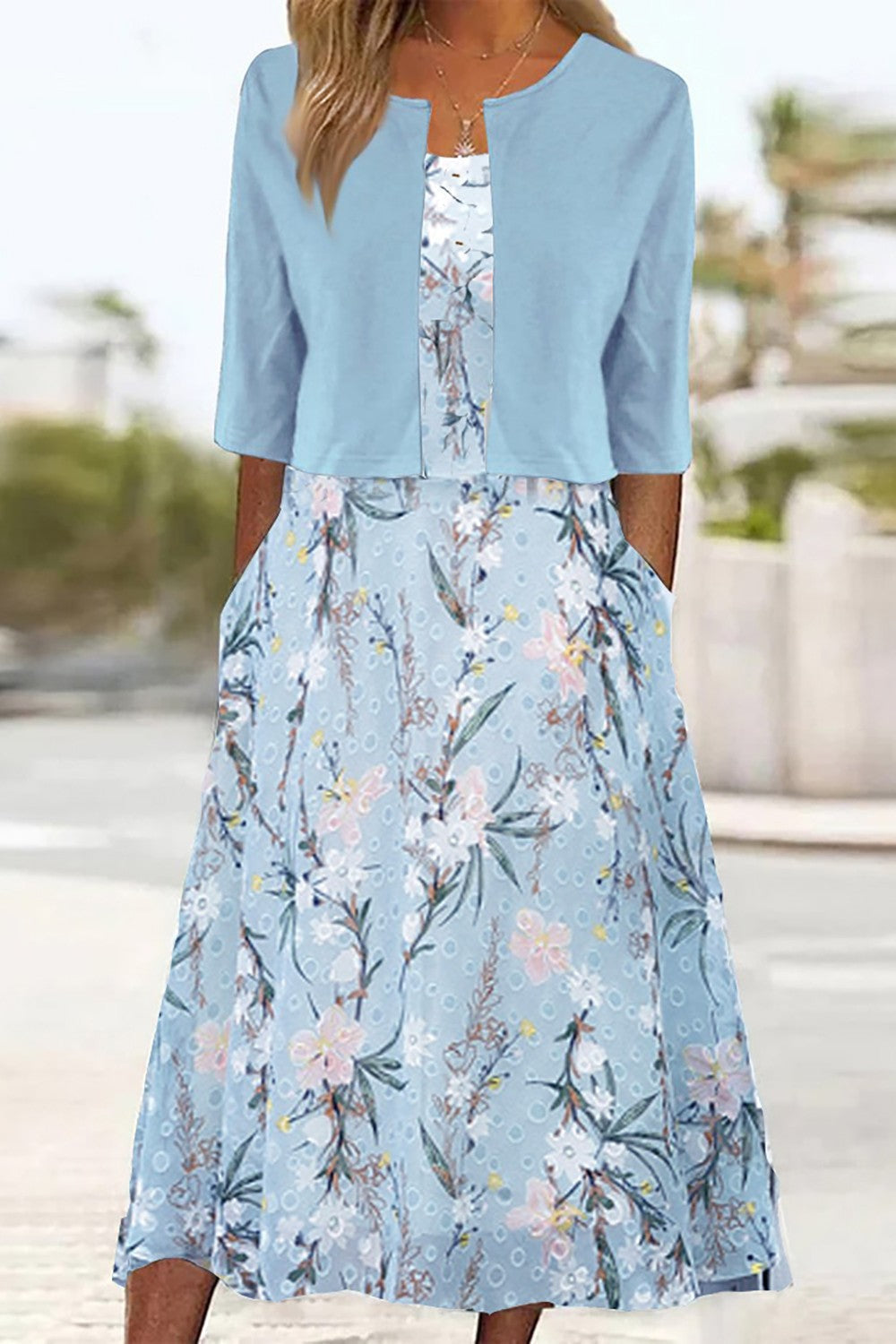 Damen-Midikleid mit Blumenmuster, Rundhalsausschnitt, Taschen und 3/4-Ärmeln