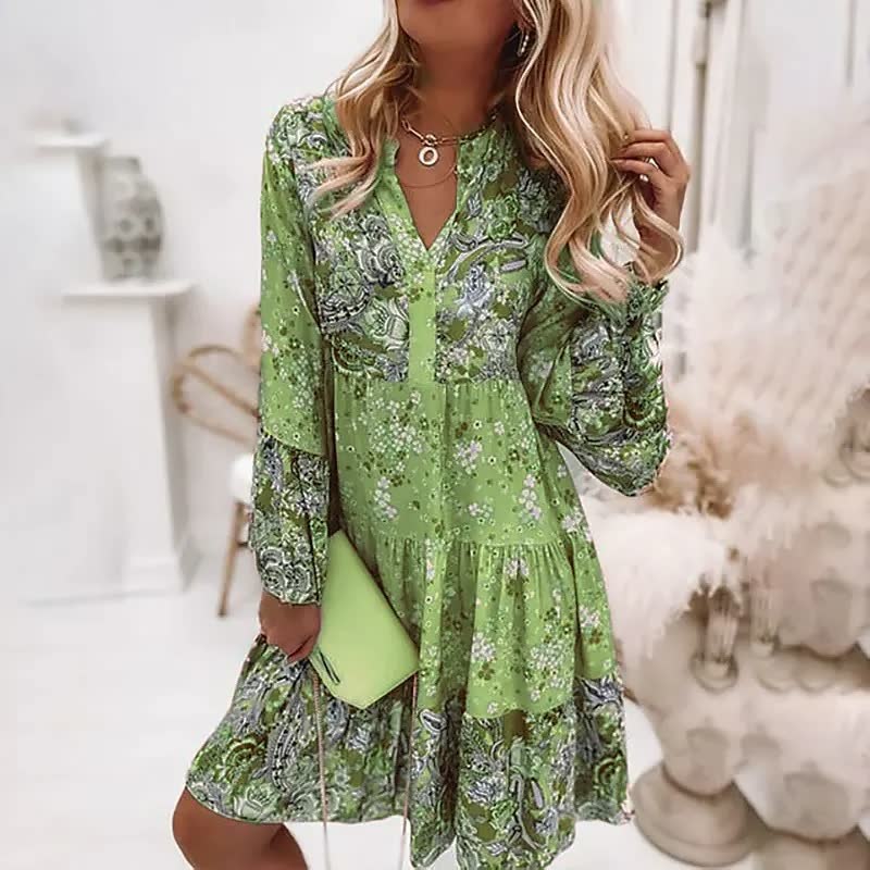 Women's Bohemian Floral Midi Dress with Tiered Relaxed Silhouette