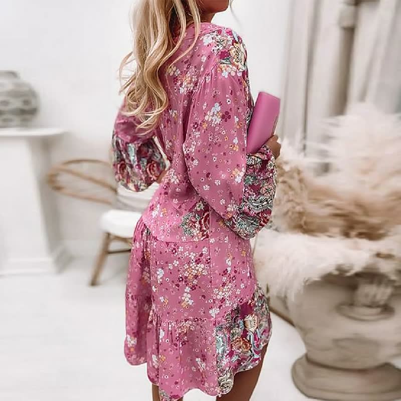 Damen Boho Blumen-Midikleid mit gestufter, lockerer Silhouette