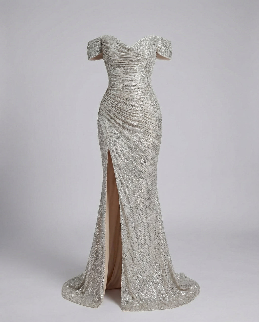 Damen-Abendkleid mit Pailletten, schulterfreiem Ausschnitt und drapierter Silhouette