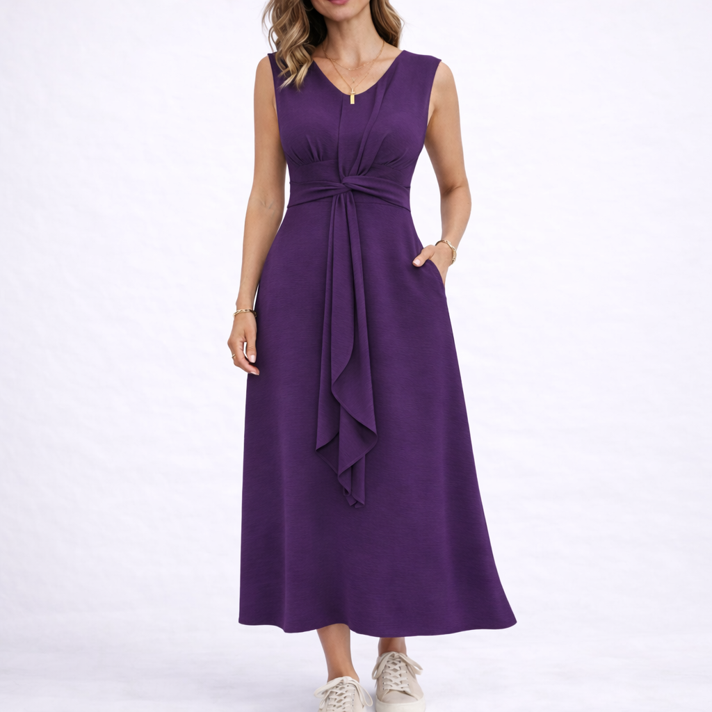 Ärmelloses Maxikleid für Damen mit gedrehtem Taillenband, drapiertem Frontknoten und schmeichelhaftem V-Ausschnitt