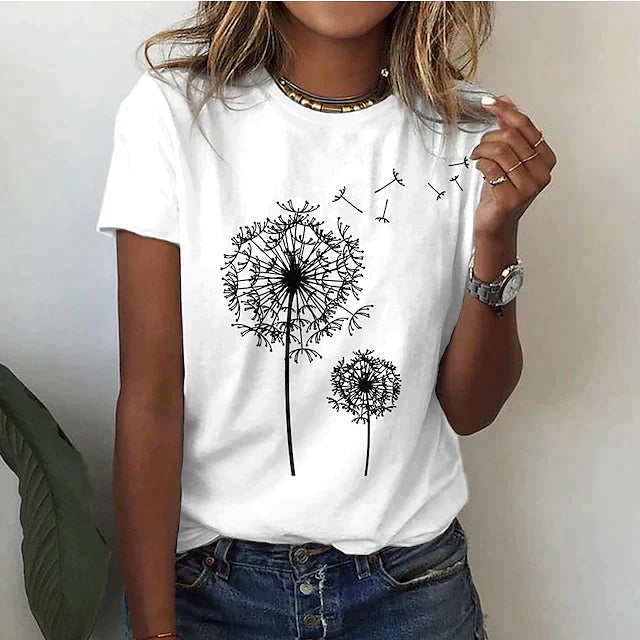 Women's Graphic T-Shirt with Dandelion Print and Short Sleeves