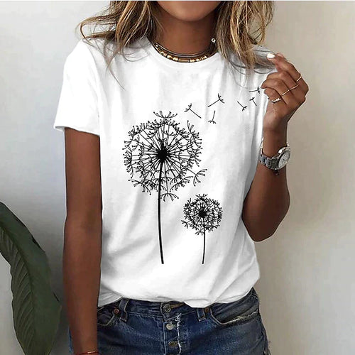 Women's Graphic T-Shirt with Dandelion Print and Short Sleeves