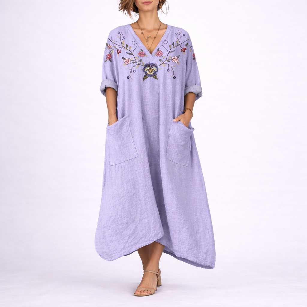 Maxikleid für Damen im Boho-Stil mit Paisley-Muster, V-Ausschnitt, dekorativen Knöpfen und Seitentaschen