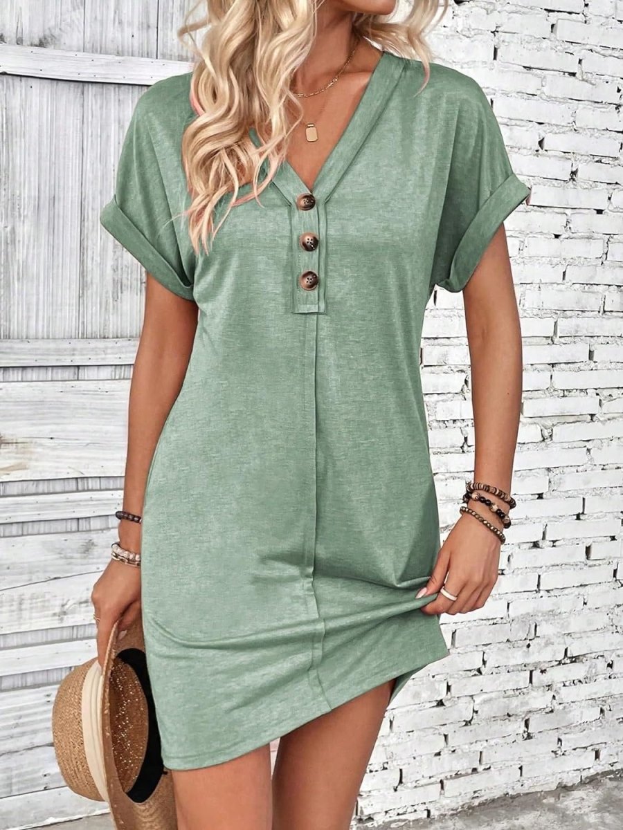 Women's Quarter Button V-Neck Short Sleeve Dress for Comfortable and Effortless Everyday Style