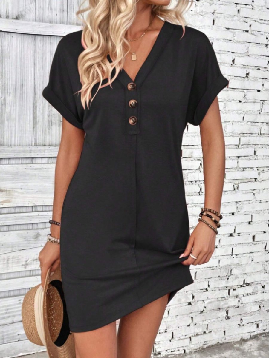 Women's Quarter Button V-Neck Short Sleeve Dress for Comfortable and Effortless Everyday Style