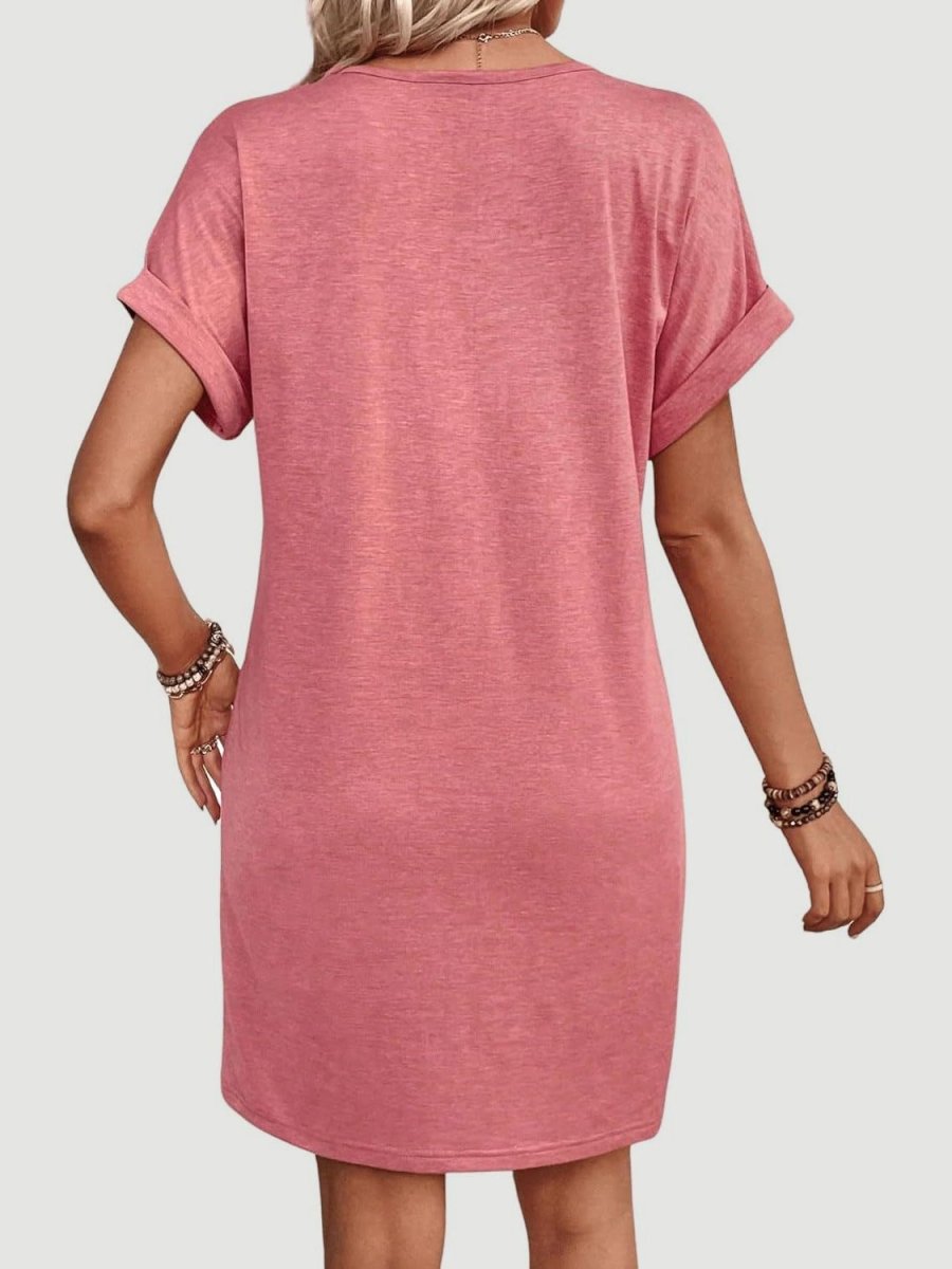 Damen Viertelknopf V-Ausschnitt Kleid mit kurzen Ärmeln für bequemen und mühelosen Alltag