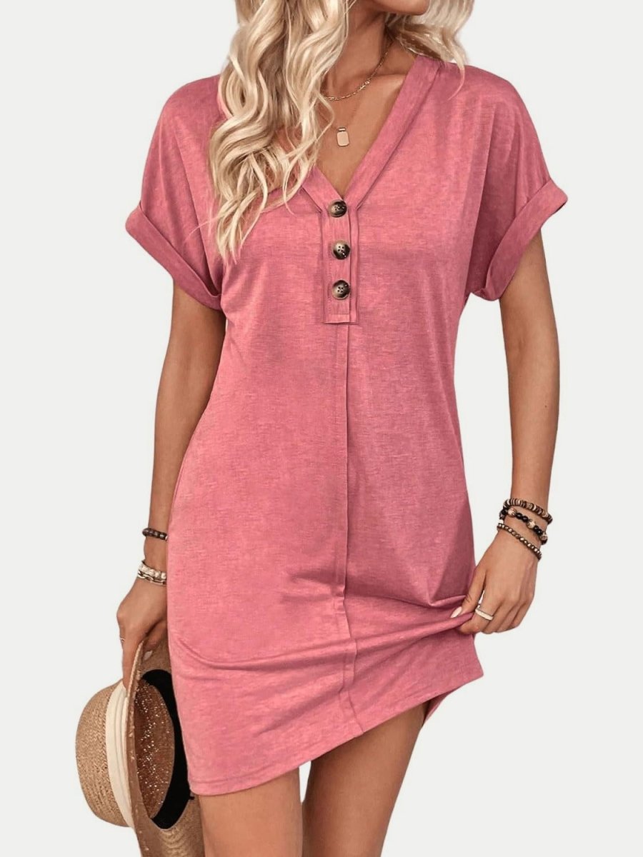 Damen Viertelknopf V-Ausschnitt Kleid mit kurzen Ärmeln für bequemen und mühelosen Alltag