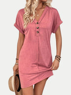 Damen Viertelknopf V-Ausschnitt Kleid mit kurzen Ärmeln für bequemen und mühelosen Alltag
