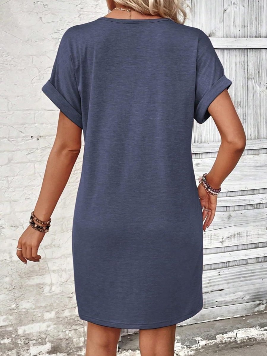 Damen Viertelknopf V-Ausschnitt Kleid mit kurzen Ärmeln für bequemen und mühelosen Alltag