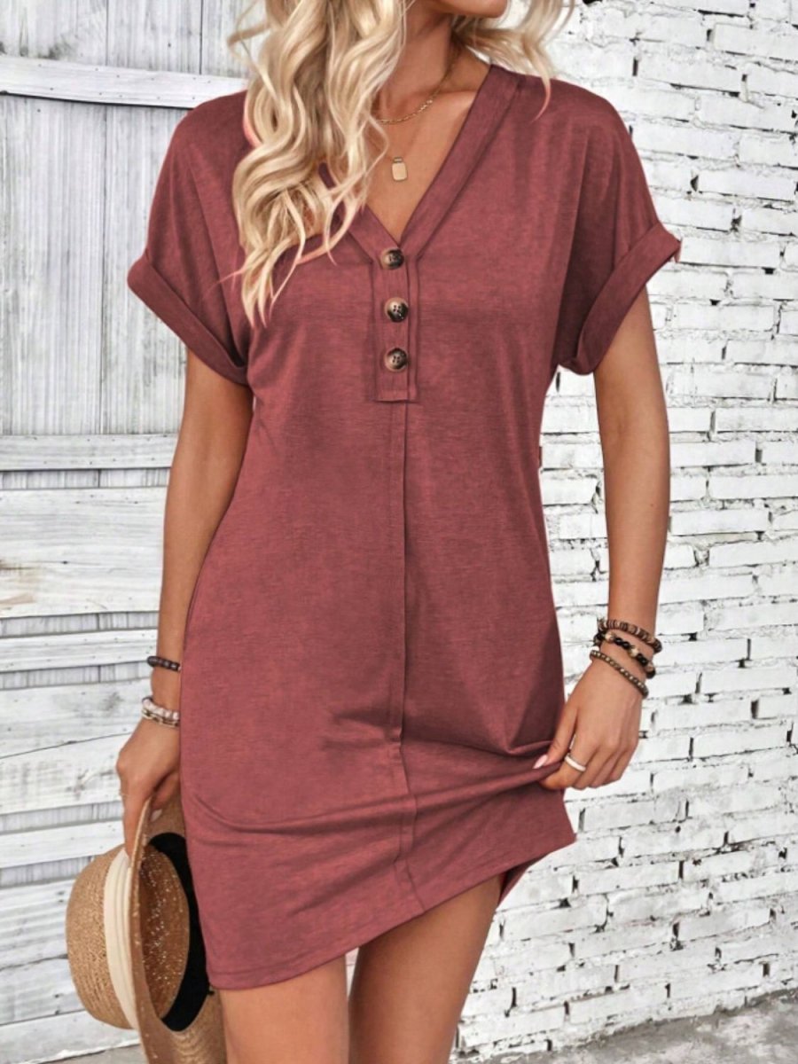 Women's Quarter Button V-Neck Short Sleeve Dress for Comfortable and Effortless Everyday Style