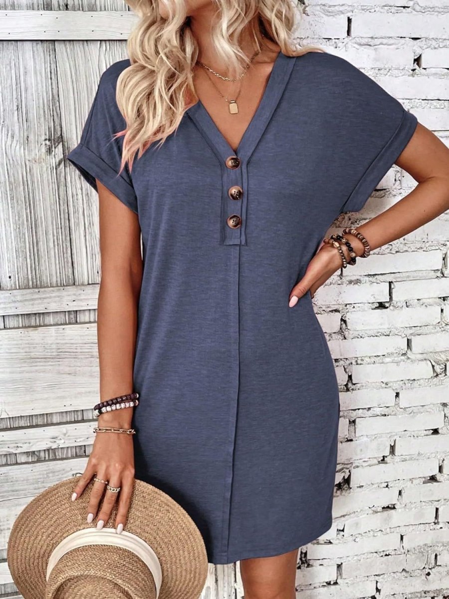 Women's Quarter Button V-Neck Short Sleeve Dress for Comfortable and Effortless Everyday Style