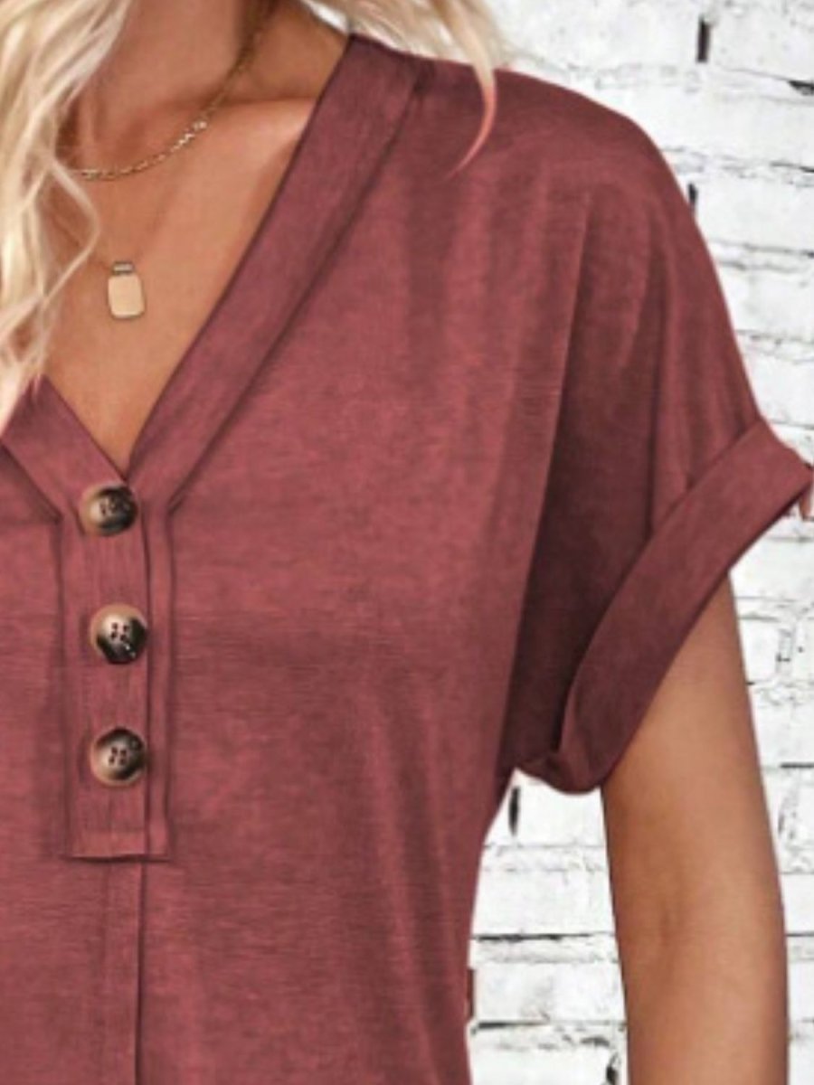 Damen Viertelknopf V-Ausschnitt Kleid mit kurzen Ärmeln für bequemen und mühelosen Alltag